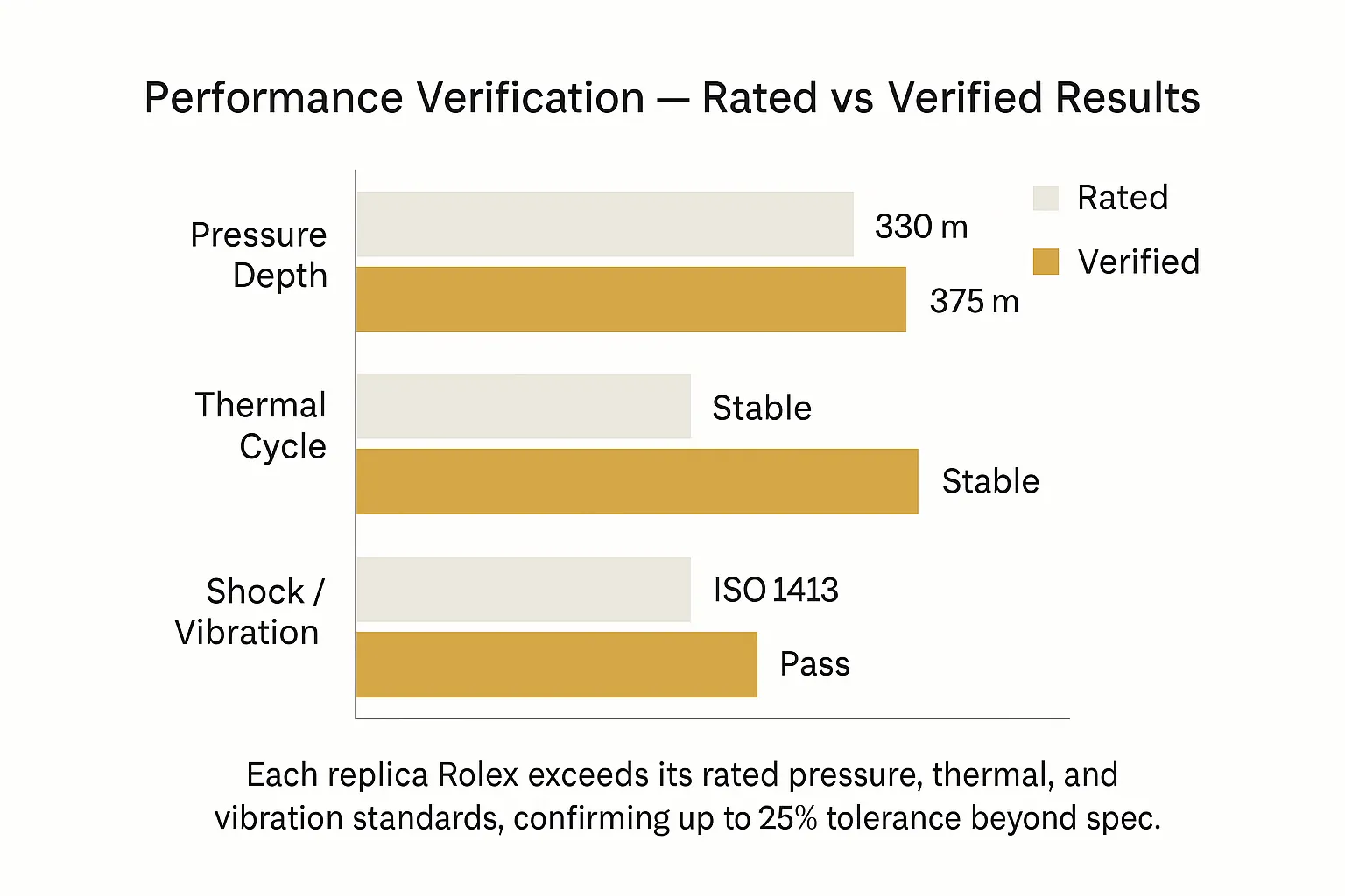 Performance bar chart comparing rated and verified endurance results for replica rolex 2025 models — pressure, thermal, and vibration tests exceeding standard limits.