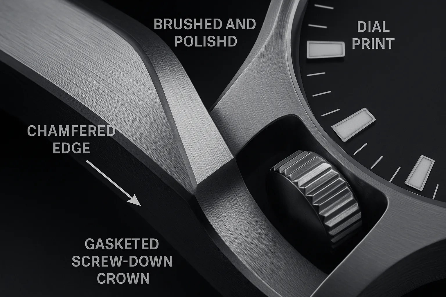 Macro view of a watch case showing brushed and polished transitions, crisp dial print, and gasketed screw-down crown.