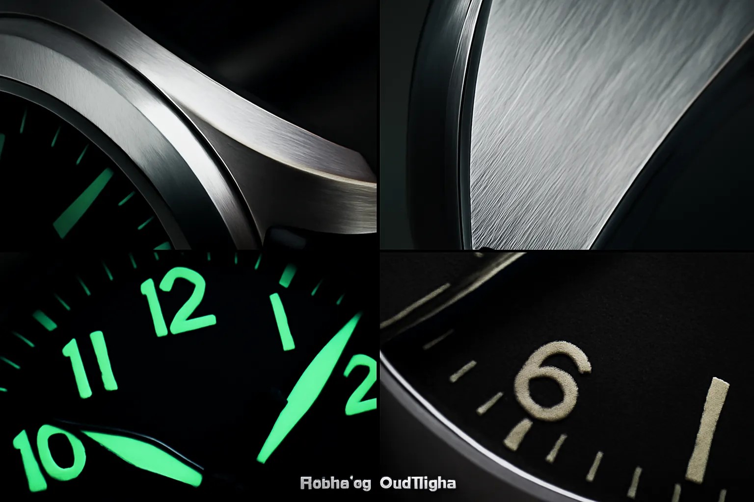 Close-up shots of watch finishing highlights: beveled lugs, brushed textures, and uniform lume distribution on the dial.