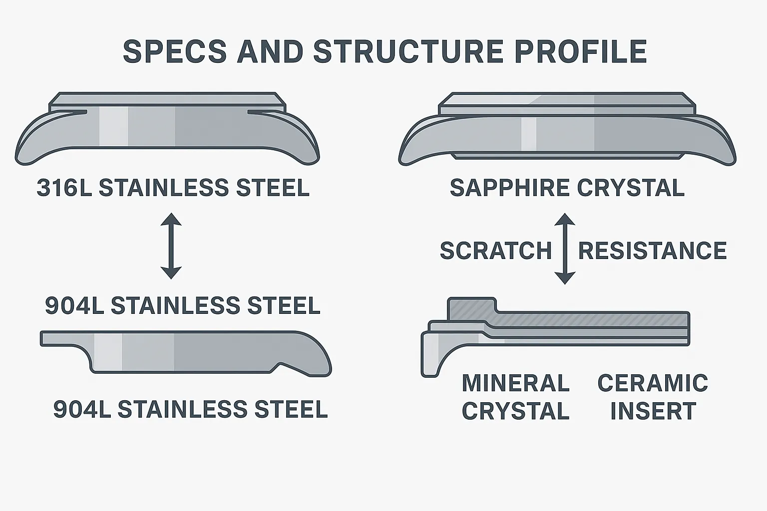 Specs and Structure Profile comparing 316L vs 904L stainless steel and sapphire vs ceramic materials.