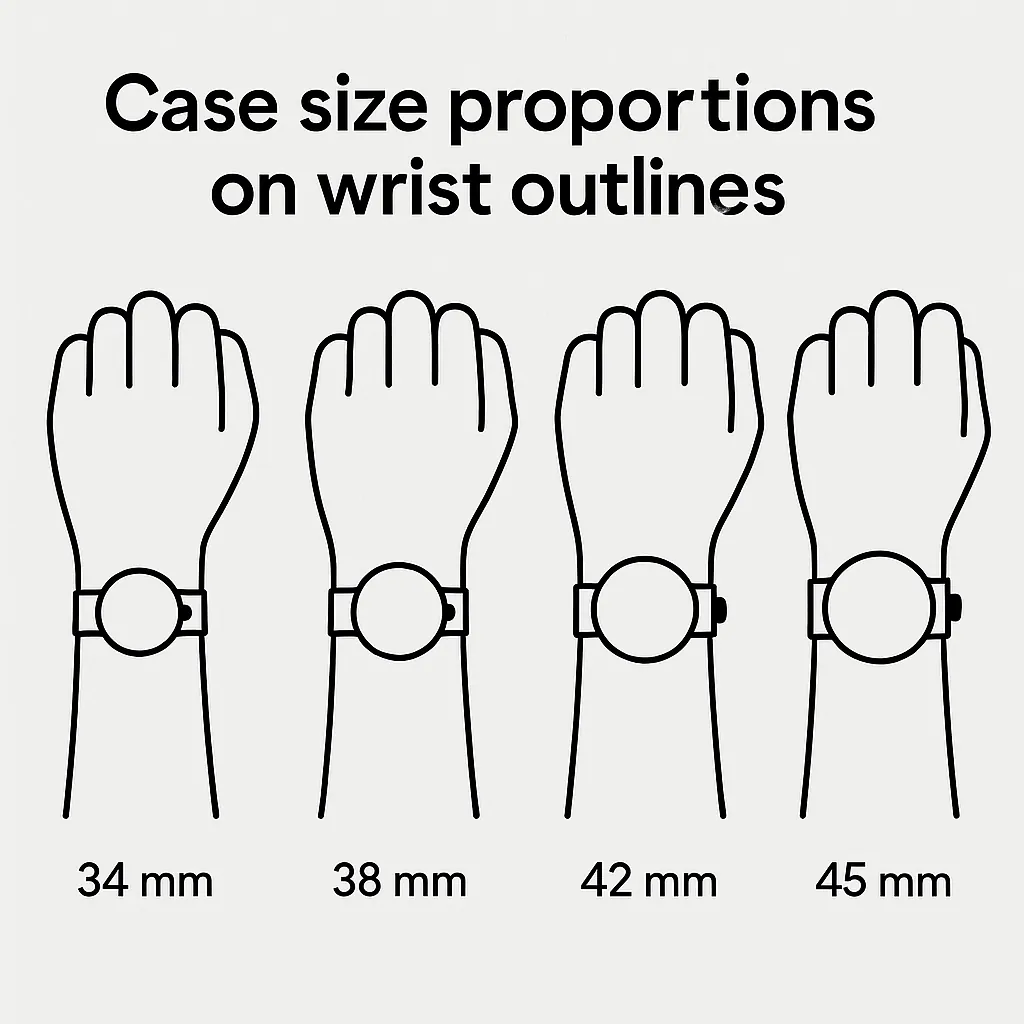 Illustration showing case size proportions on wrist outlines for 34mm, 38mm, 42mm, and 45mm watches.