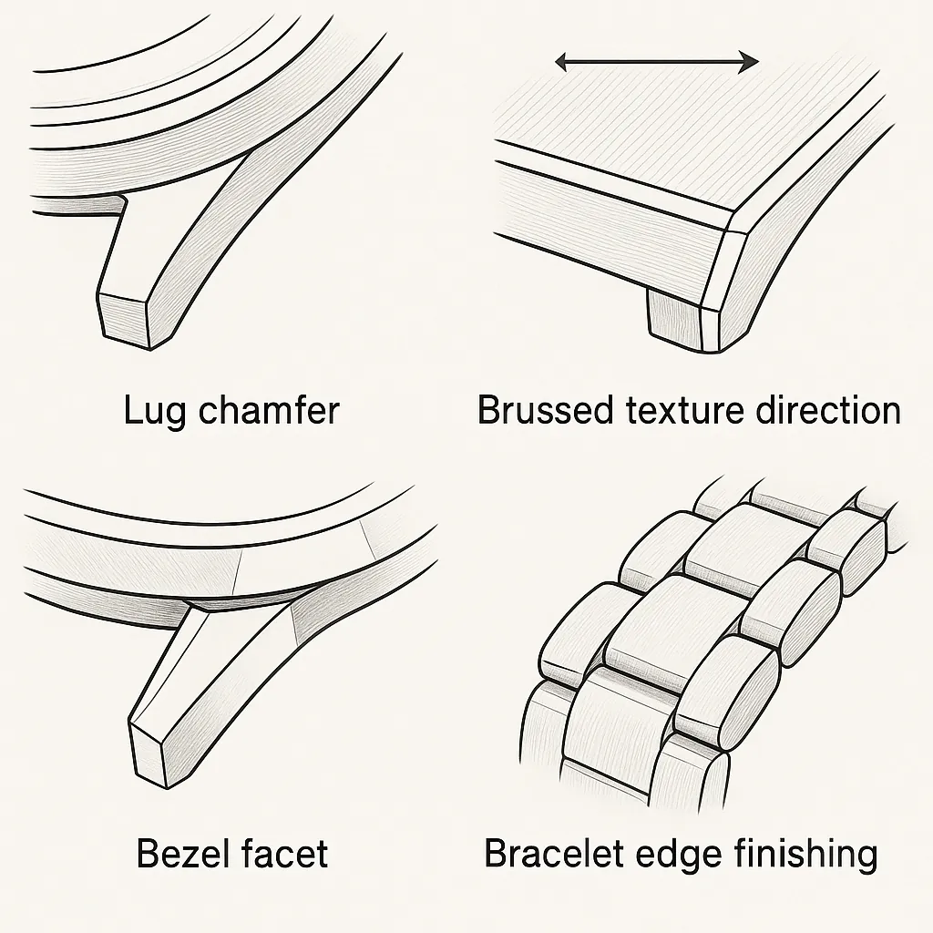 Technical schematic showing key finishing elements: lug chamfer, brushing direction, bezel refraction, and bracelet edge finishing. Schematic illustration showing lug chamfer, brushed surface direction, bezel refraction edge, and bracelet link edge-finishing