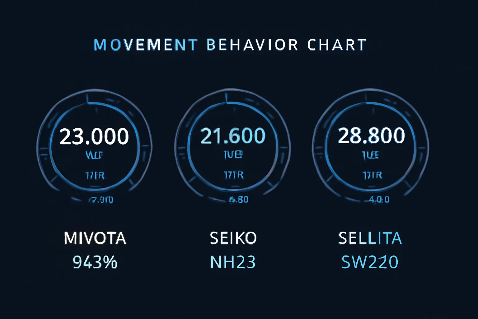 Comparison of Miyota, NH35, and SW200 movements: frequency (bph), power reserve (hours), and daily deviation (seconds/day).
