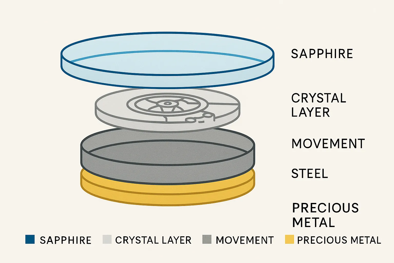 Exploded cross-section of a Cartier-style watch showing layered materials: sapphire crystal, crystal layer, movement, 316L steel case, and precious-metal plating.