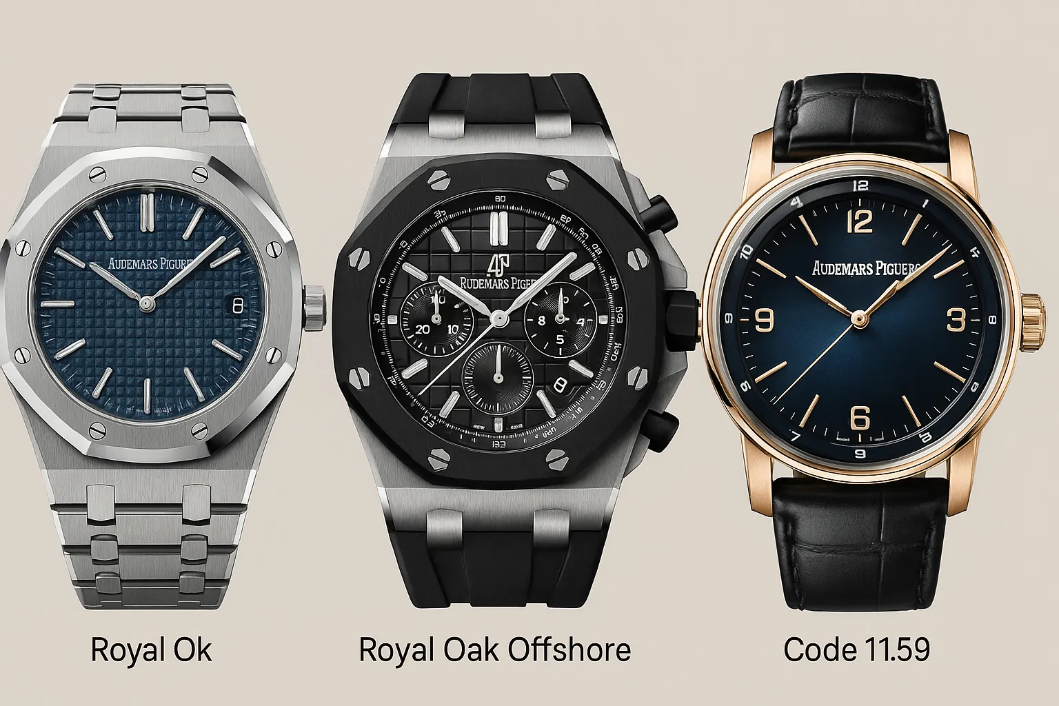 Comparative style grid showing Royal Oak, Royal Oak Offshore, and Code 11.59: core traits, visual language, and wearing contexts.