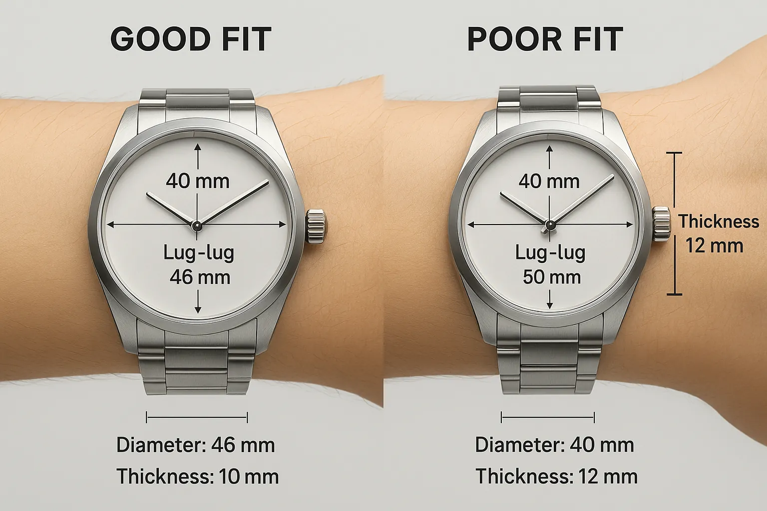 Why diameter alone is misleading: lug-to-lug and thickness change real wrist presence Side-by-side comparison showing same diameter but different lug-to-lug and thickness on the wrist