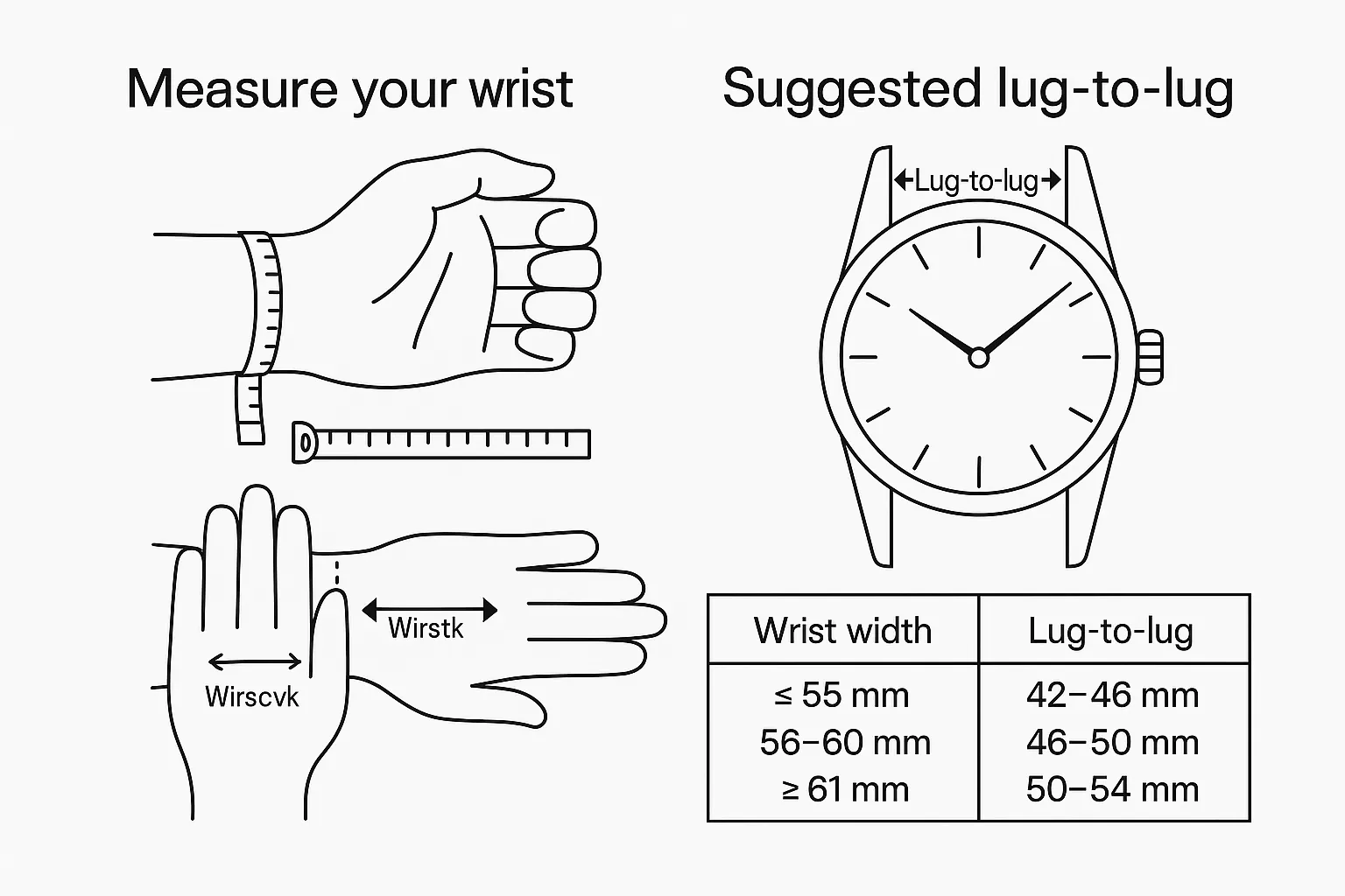 How to measure wrist size and lug-to-lug distance Line-art diagram showing how to measure wrist circumference and wrist width with a soft tape, and how to read lug-to-lug distance on a watch case.