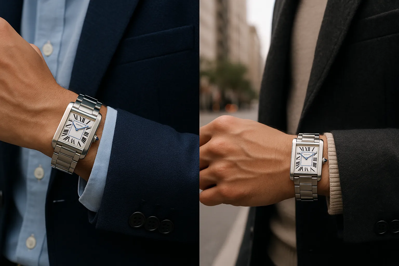 Two lifestyle photos of a model wearing a Cartier-style replica watch in business-casual and smart-casual urban settings. Left: navy blazer and light blue shirt, right: beige sweater and dark coat. Both images show AR-coated sapphire crystal, controlled reflections, and balanced wrist presence.